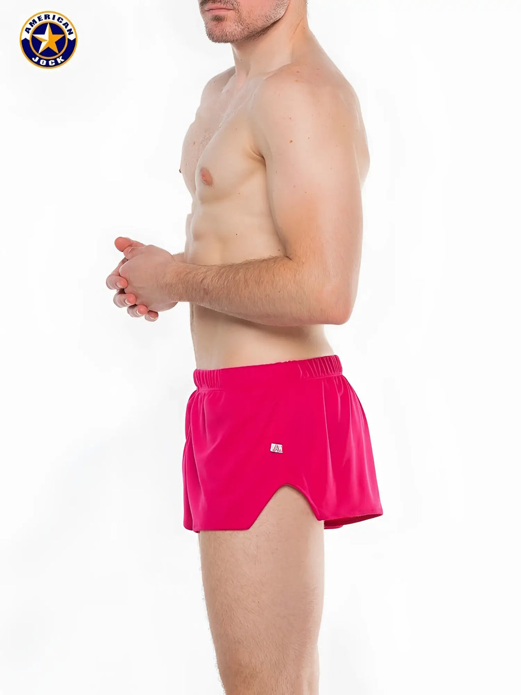 Bright pink american jock a j ultra running shorts with elastic waistband and side slit for athletic use