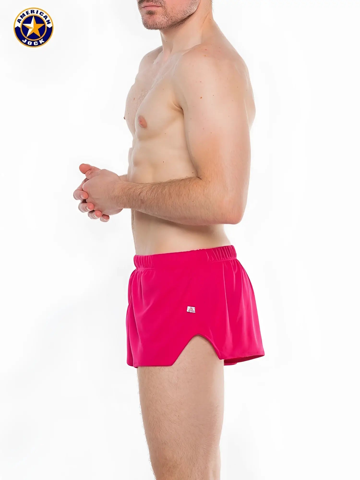 Bright pink american jock a j ultra running shorts with elastic waistband and side slit for athletic use