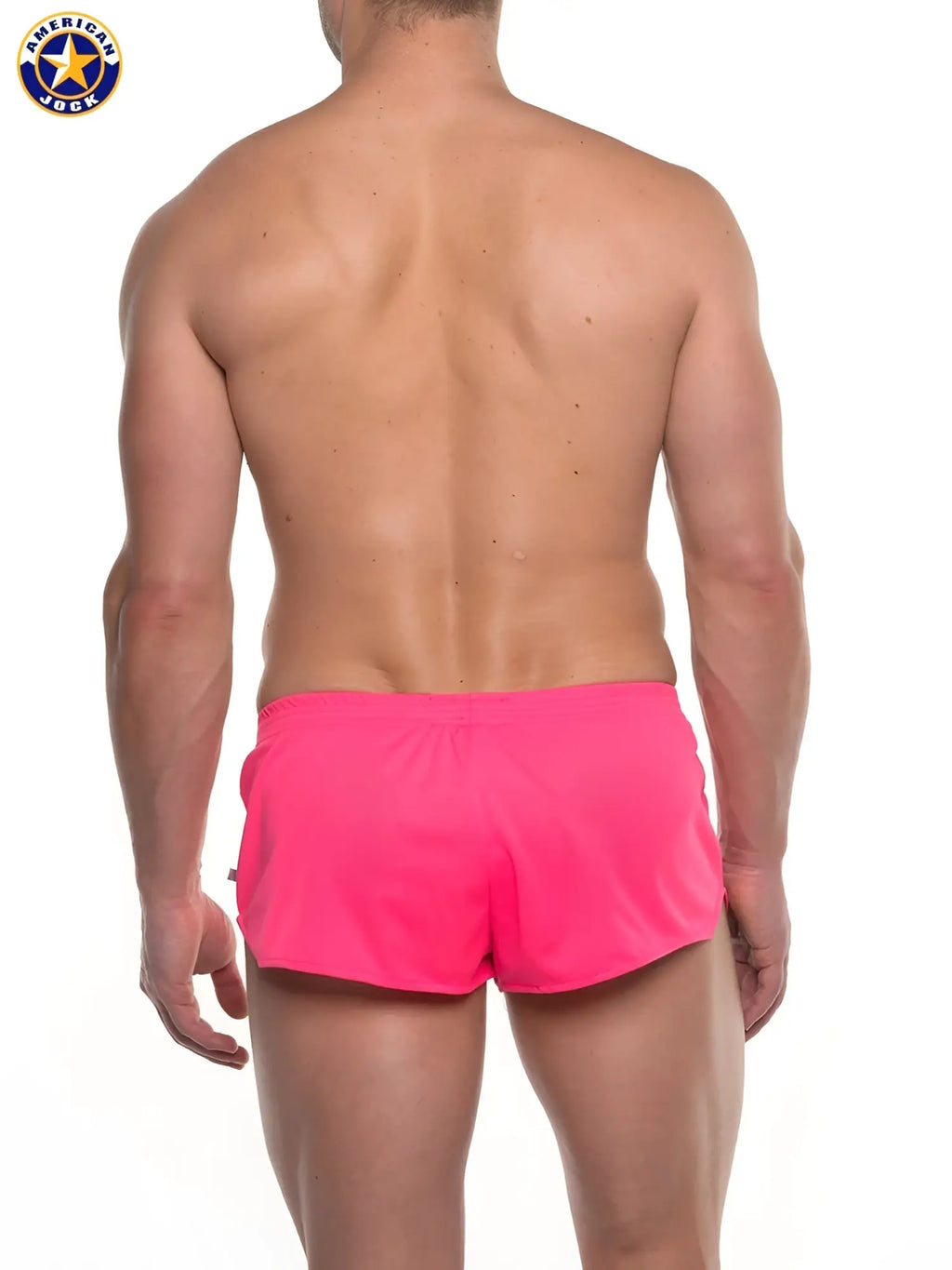 Bright pink american jock swim trunks designed as a j ultra running short for athletic use