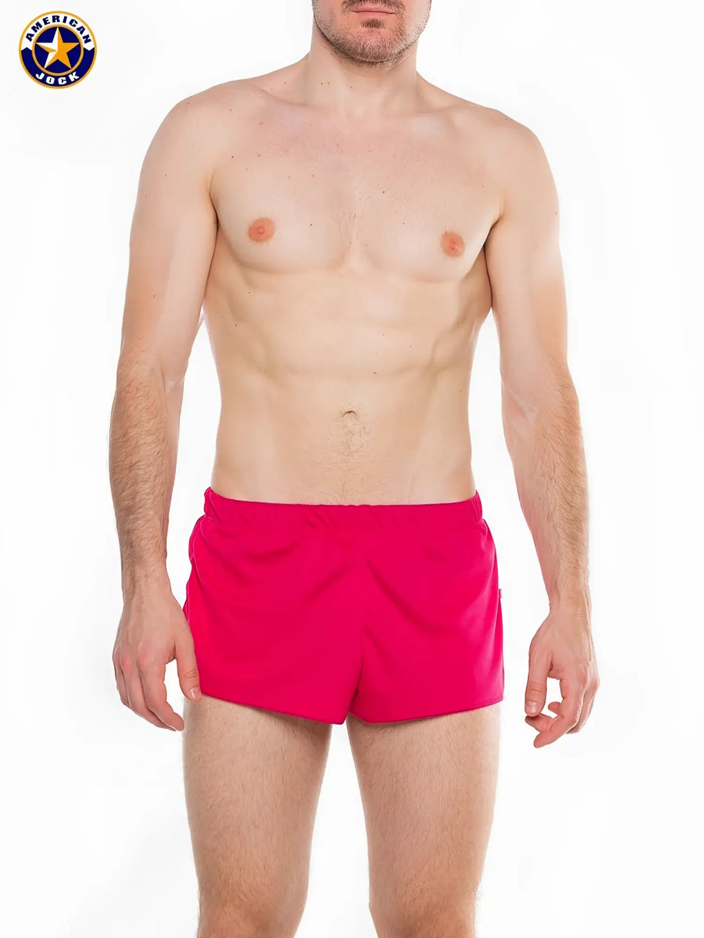 A J Ultra running short in bright pink with a solid design and elastic waistband for athletic use