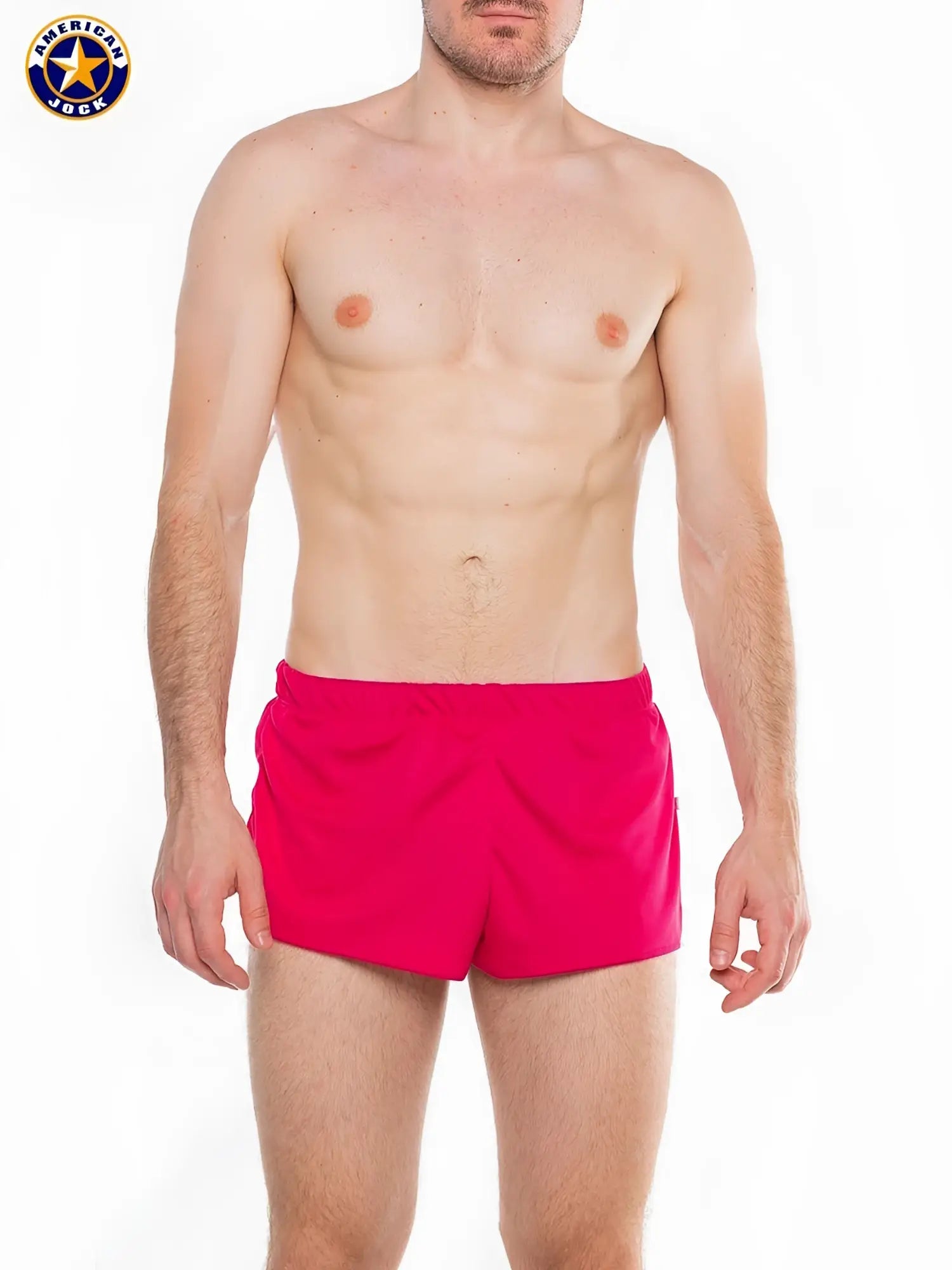 A J Ultra running short in bright pink with a solid design and elastic waistband for athletic use