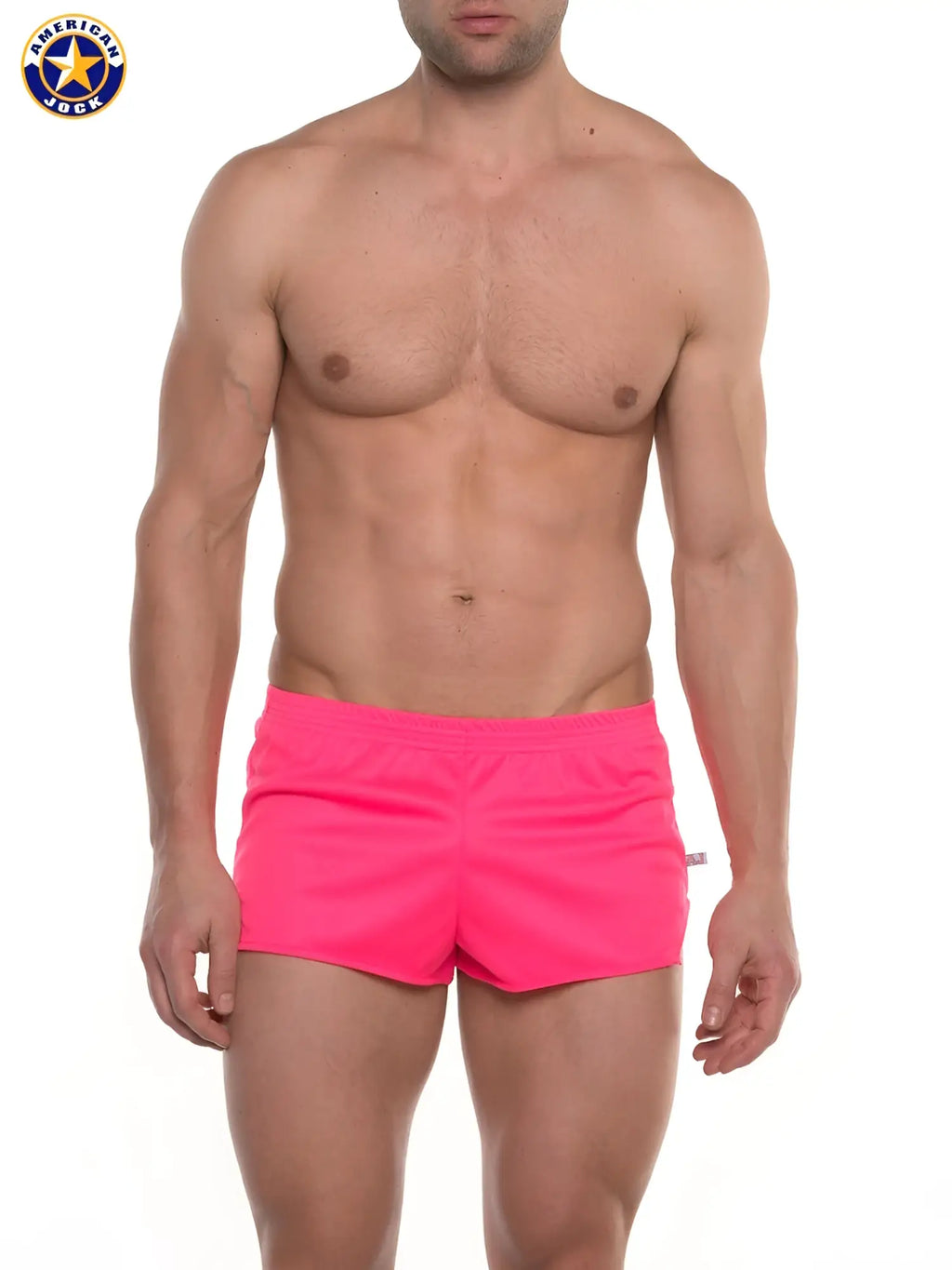 A j ultra running short in bright pink with a simple design and elastic waistband ideal for athletic use