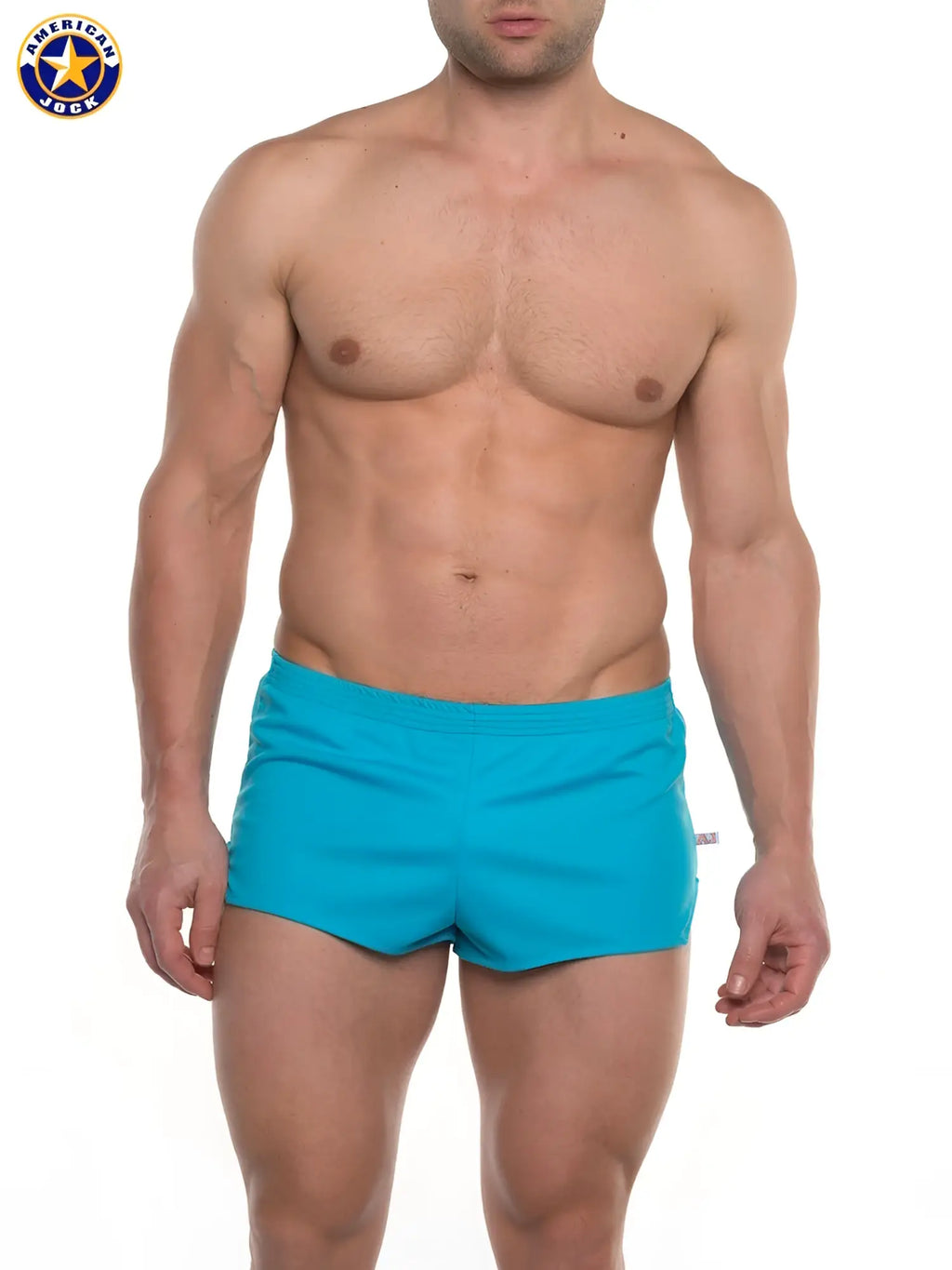 Bright turquoise american jock swim trunks designed as a j ultra running short for athletic use