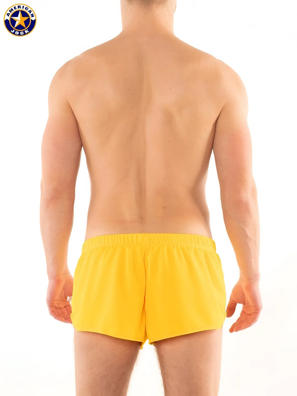 Bright yellow american jock a j ultra running shorts with fitted elastic waistband for athletic use