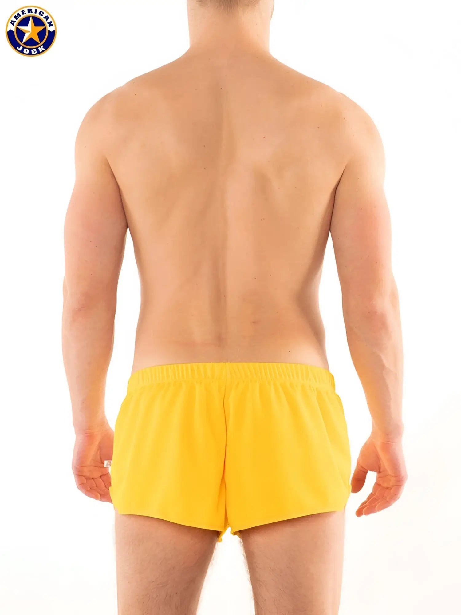 Bright yellow american jock a j ultra running shorts with fitted elastic waistband for athletic use