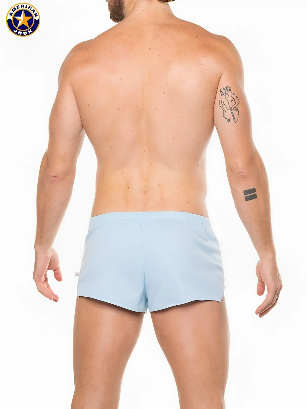 Light blue american jock men’s swim trunks featuring lightweight fabric designed for running in a j ultra style