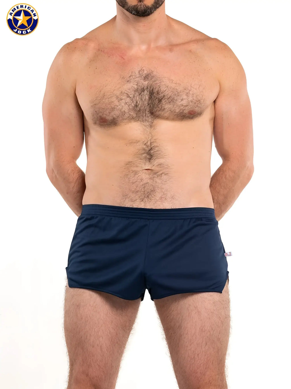 Navy blue american jack swim trunks from a j ultra running short designed for comfortable activewear use