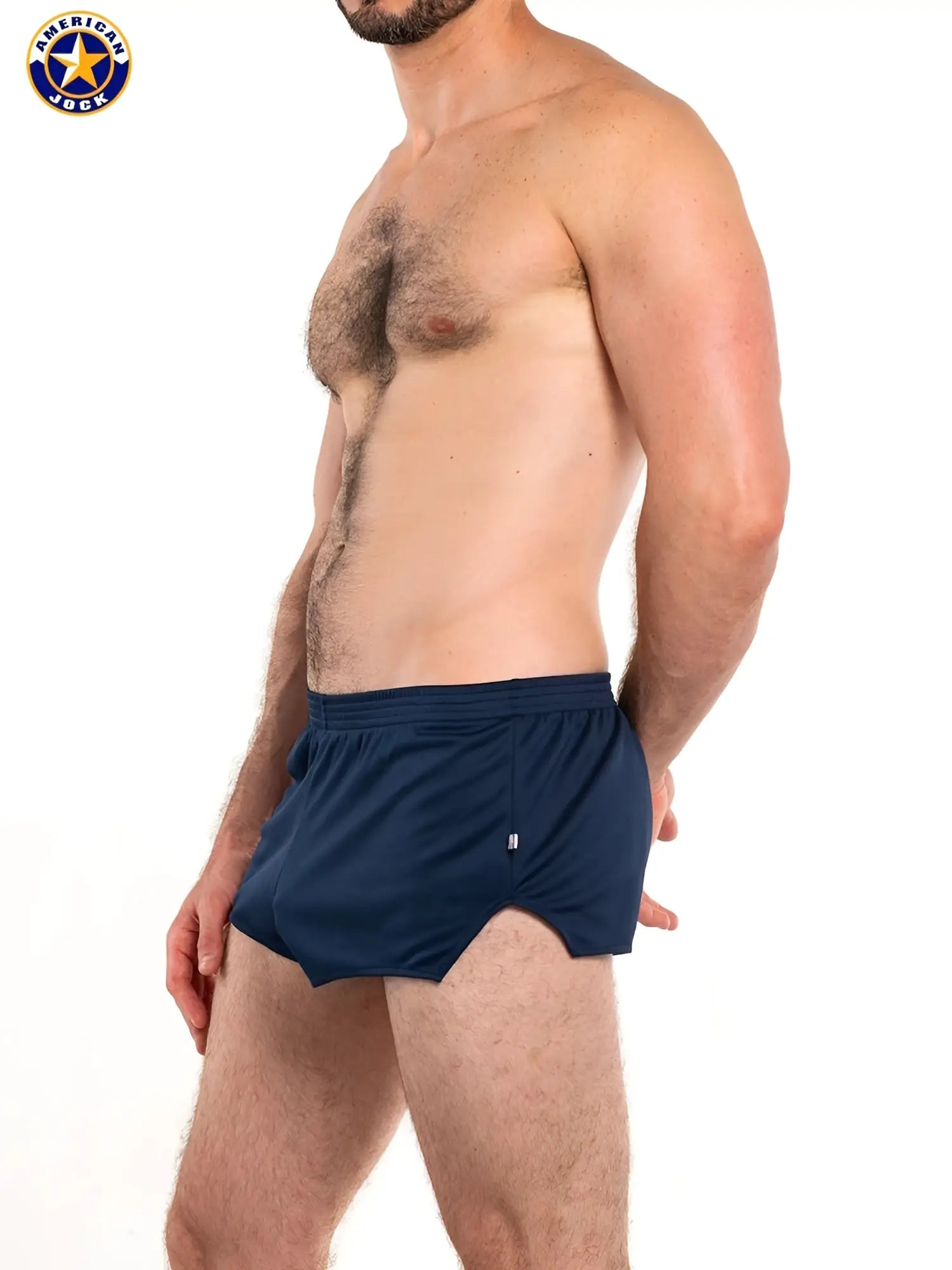 Navy blue A J Ultra running short athletic briefs with subtle white logo on the side designed for performance