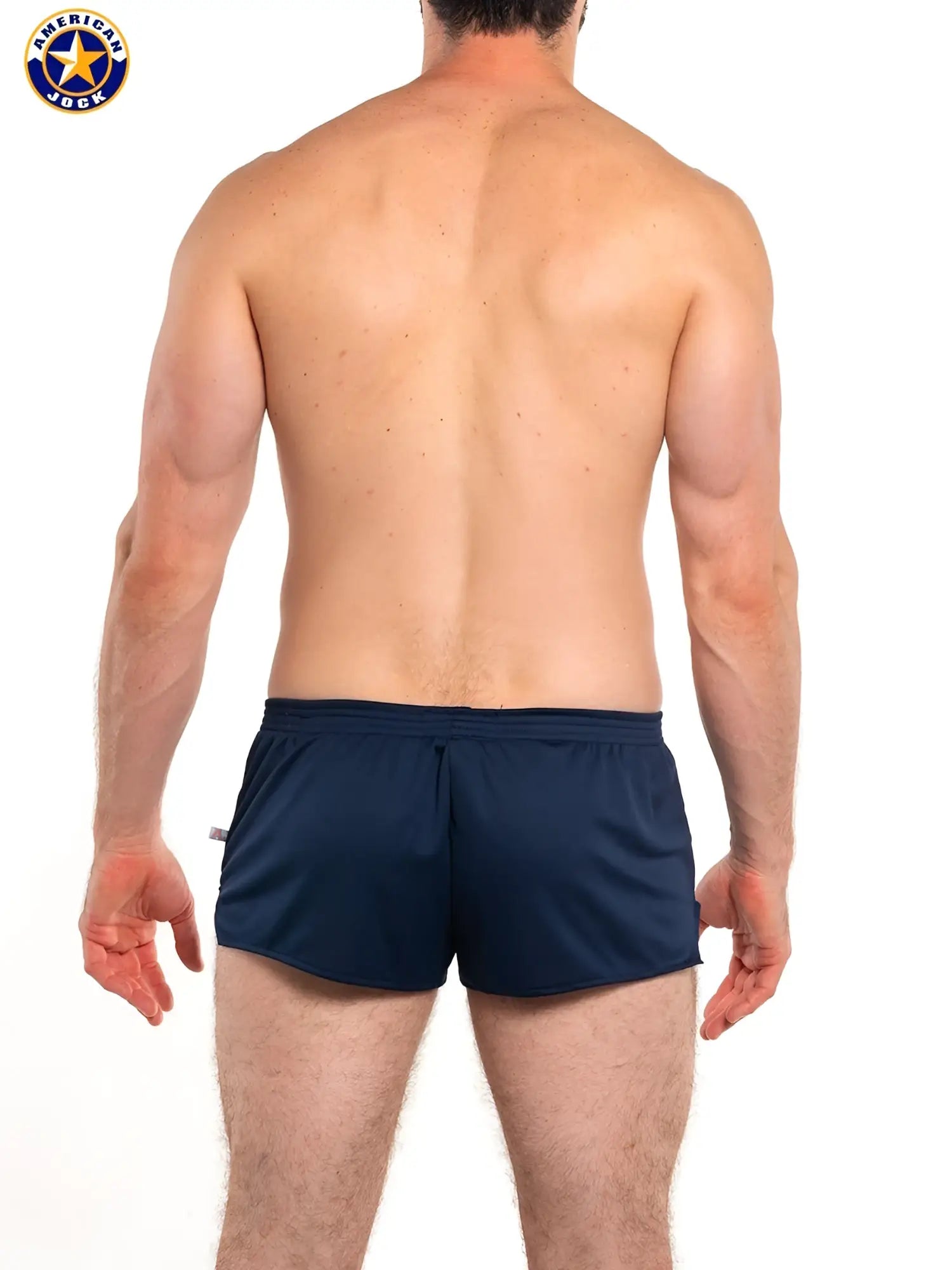 Navy blue a j ultra running shorts with fitted waistband and side pockets for athletic use