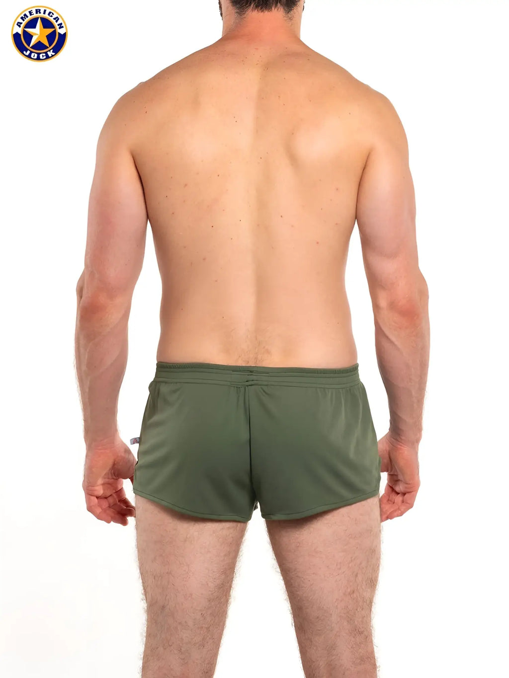Olive green a j ultra running shorts with elastic waistband and side pockets for athletic use