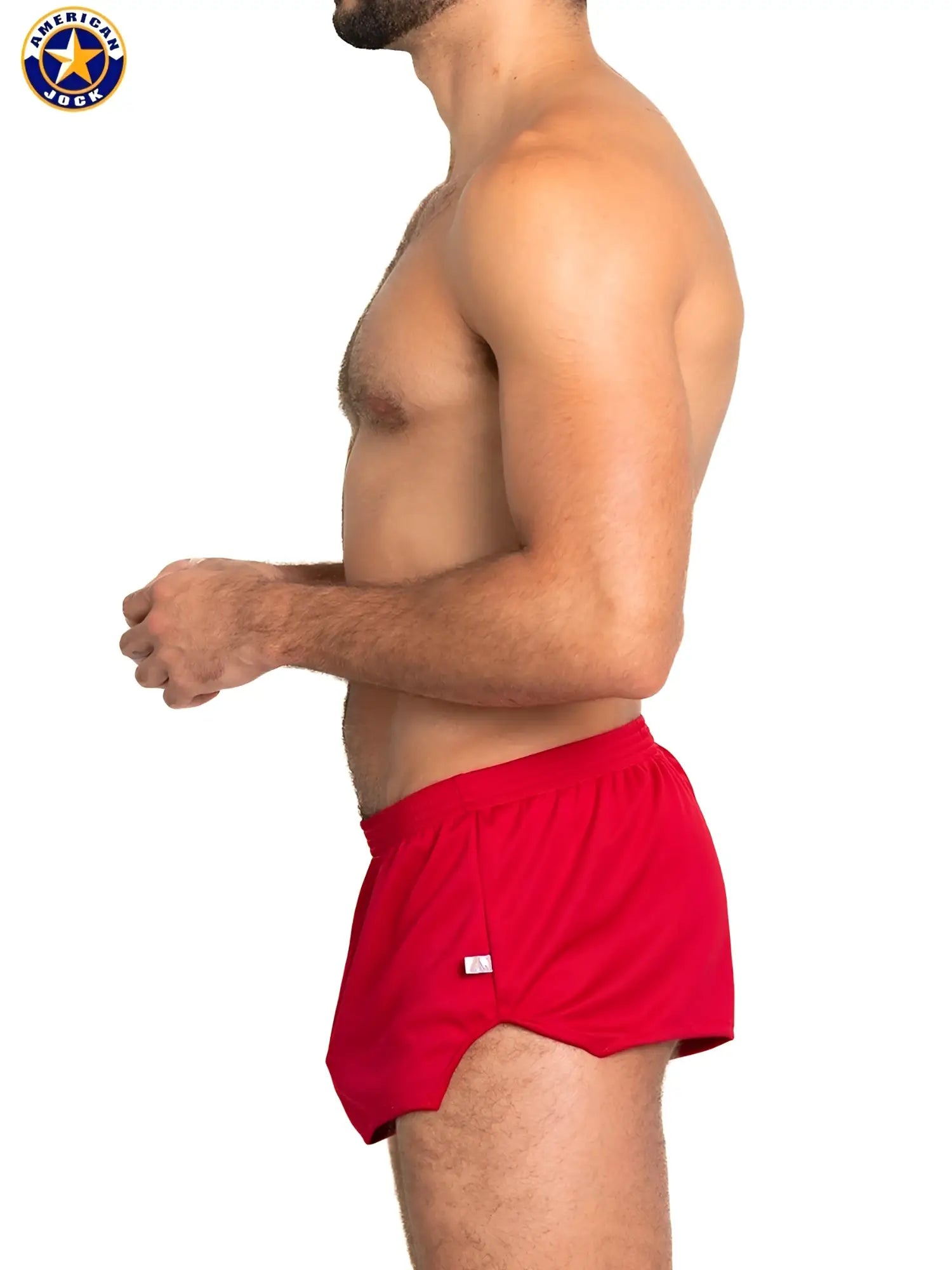 Red american jack a j ultra running short athletic shorts with a snug fit and elastic waistband
