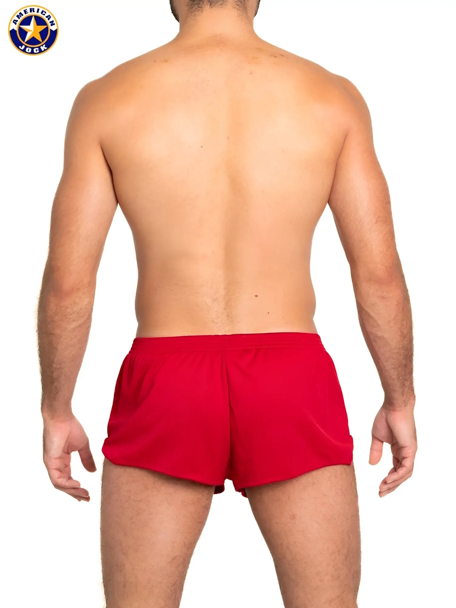 Red american jack swim trunks in a j ultra running short style made for comfort and performance