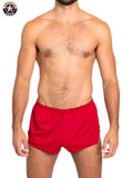 A j ultra running short in red american jock style featuring lightweight breathable athletic fabric for running