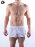 White american jock athletic shorts with elastic waistband and subtle side seam detailing for running use