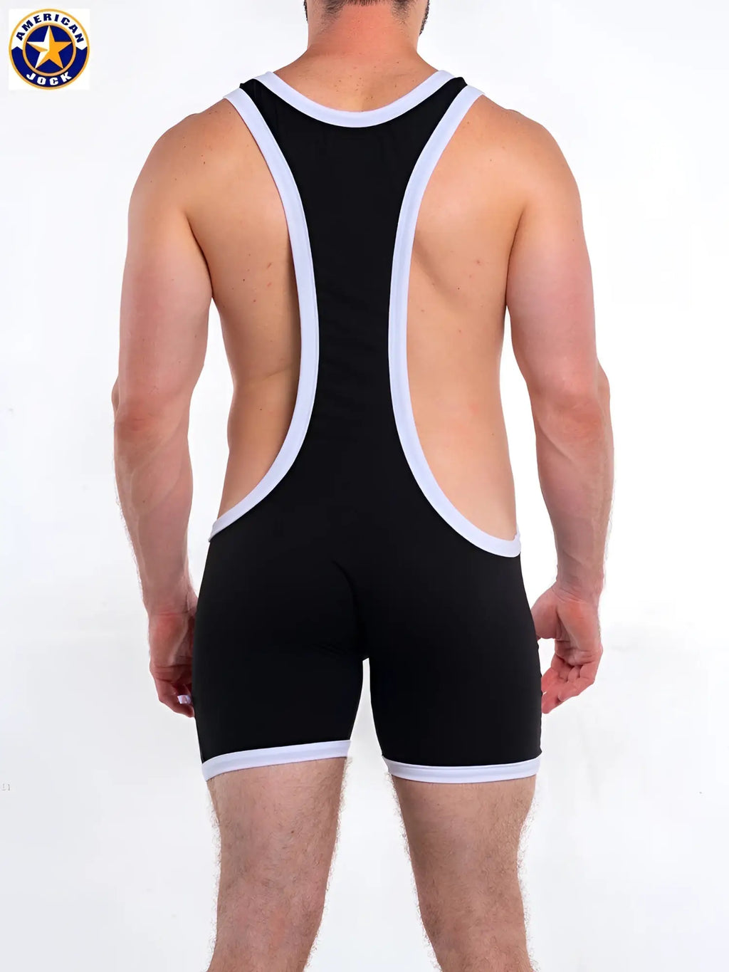 A black american jock wrestling singlet with white trim along neckline armholes and leg openings titled a j warrior singlet