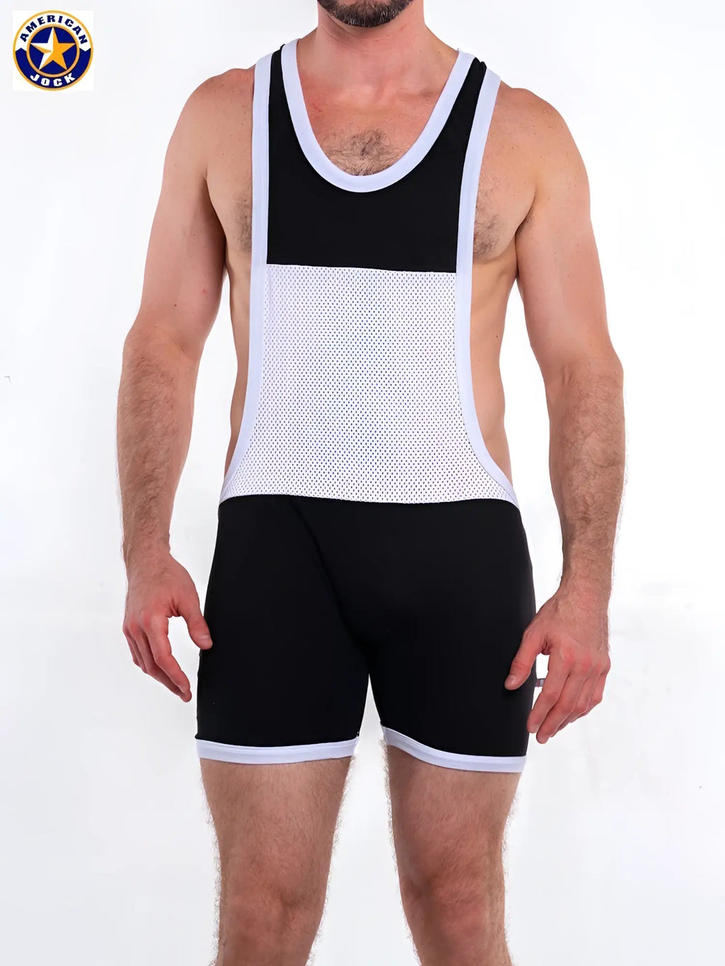 A black and white a j warrior singlet with mesh paneling designed for american jock wrestling use