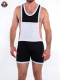 A black and white a j warrior singlet with mesh paneling designed for american jock wrestling use