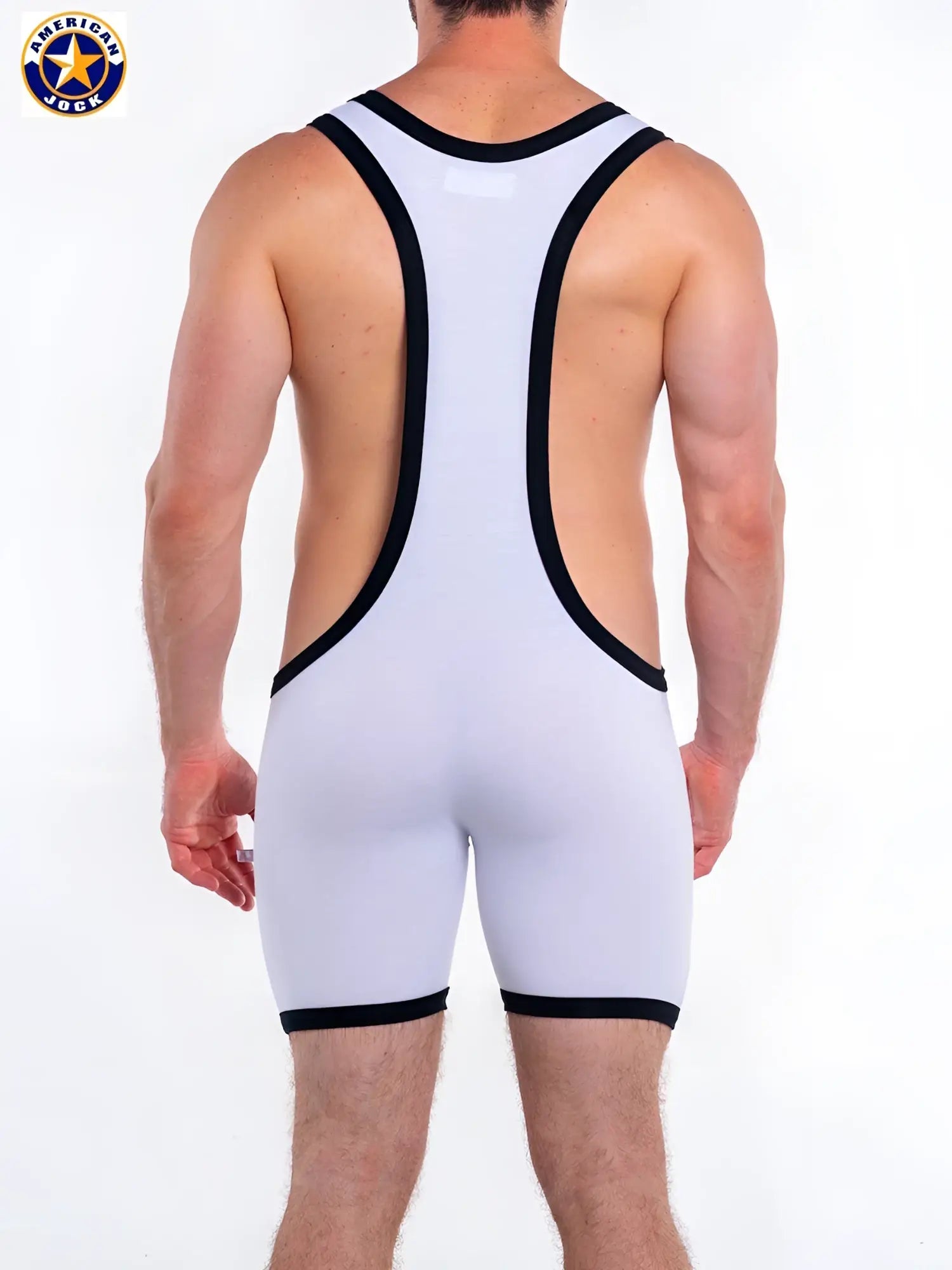 White american jock wrestling singlet a j warrior singlet with black trim and open back design shown from back side