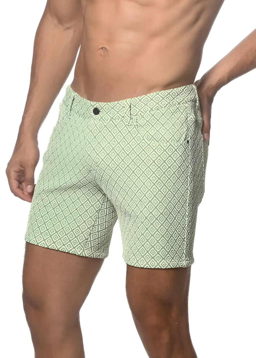 Light green jacquard printed stretch knit shorts with a dark green geometric pattern and classic button closure