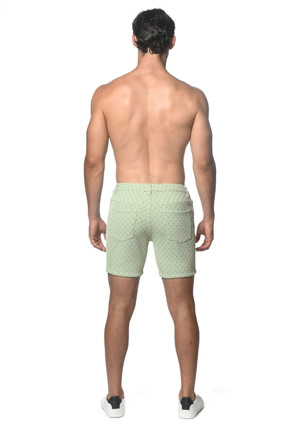 Light green jacquard printed stretch knit shorts with subtle geometric pattern for casual wear