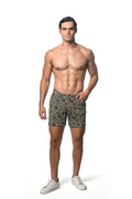 Men’s jacquard printed stretch knit olive green shorts with black floral pattern for casual wear
