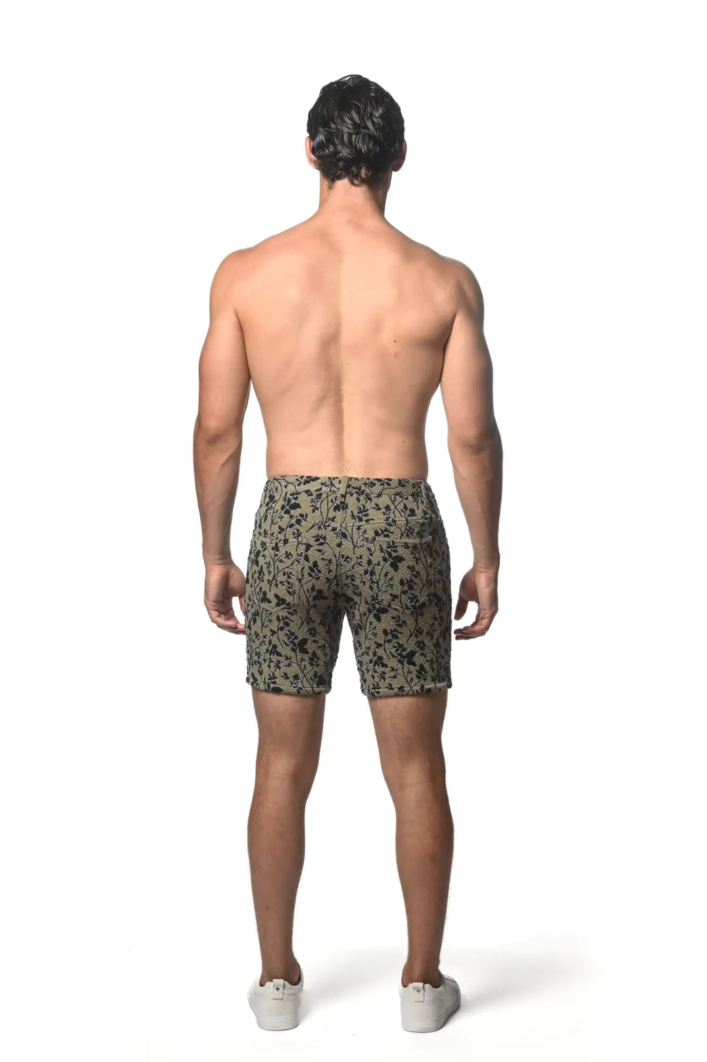 Men’s jacquard printed stretch knit shorts in olive green with a dark floral pattern for casual wear