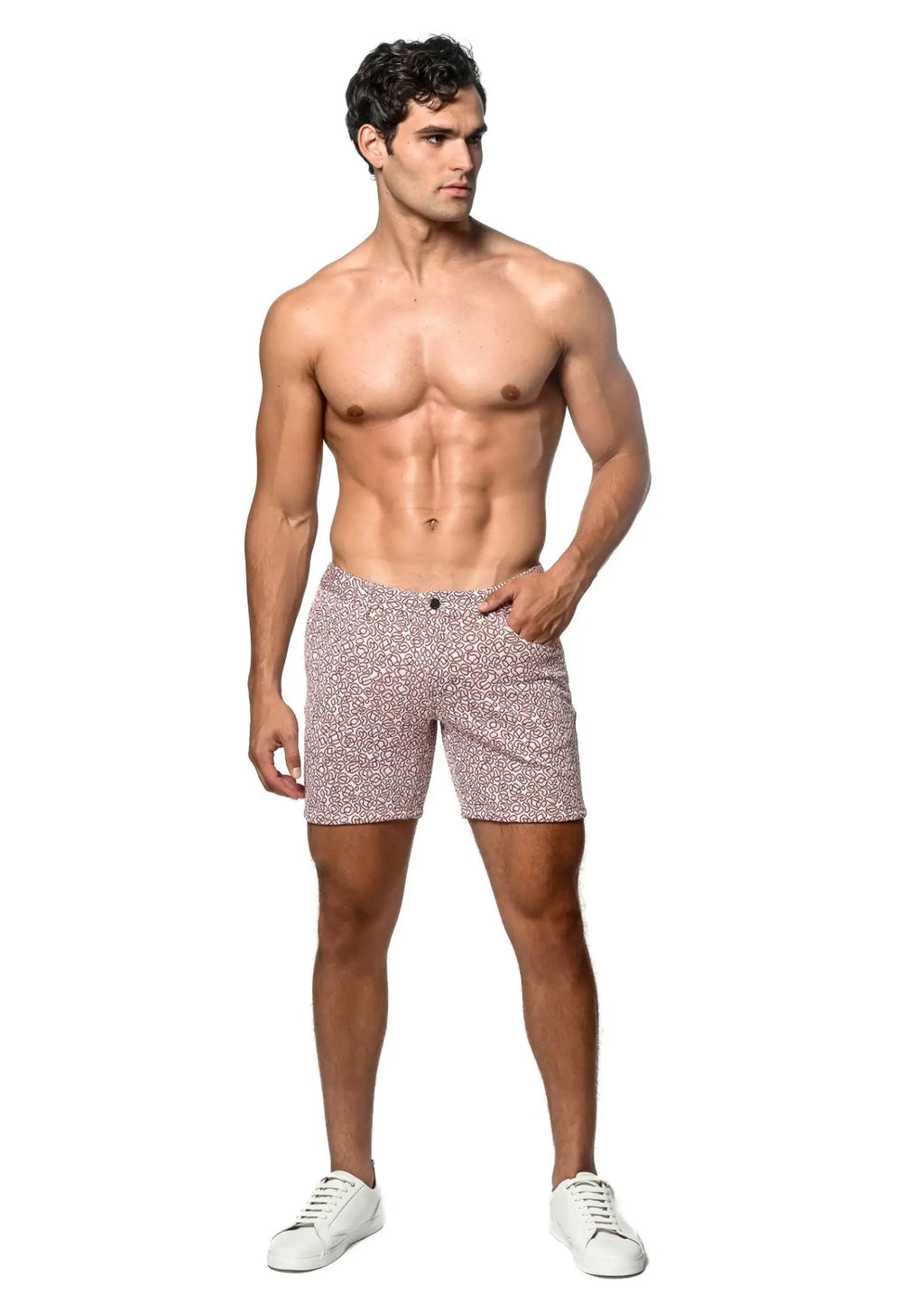 Men’s jacquard printed stretch knit shorts in pink and white speckled pattern for casual wear