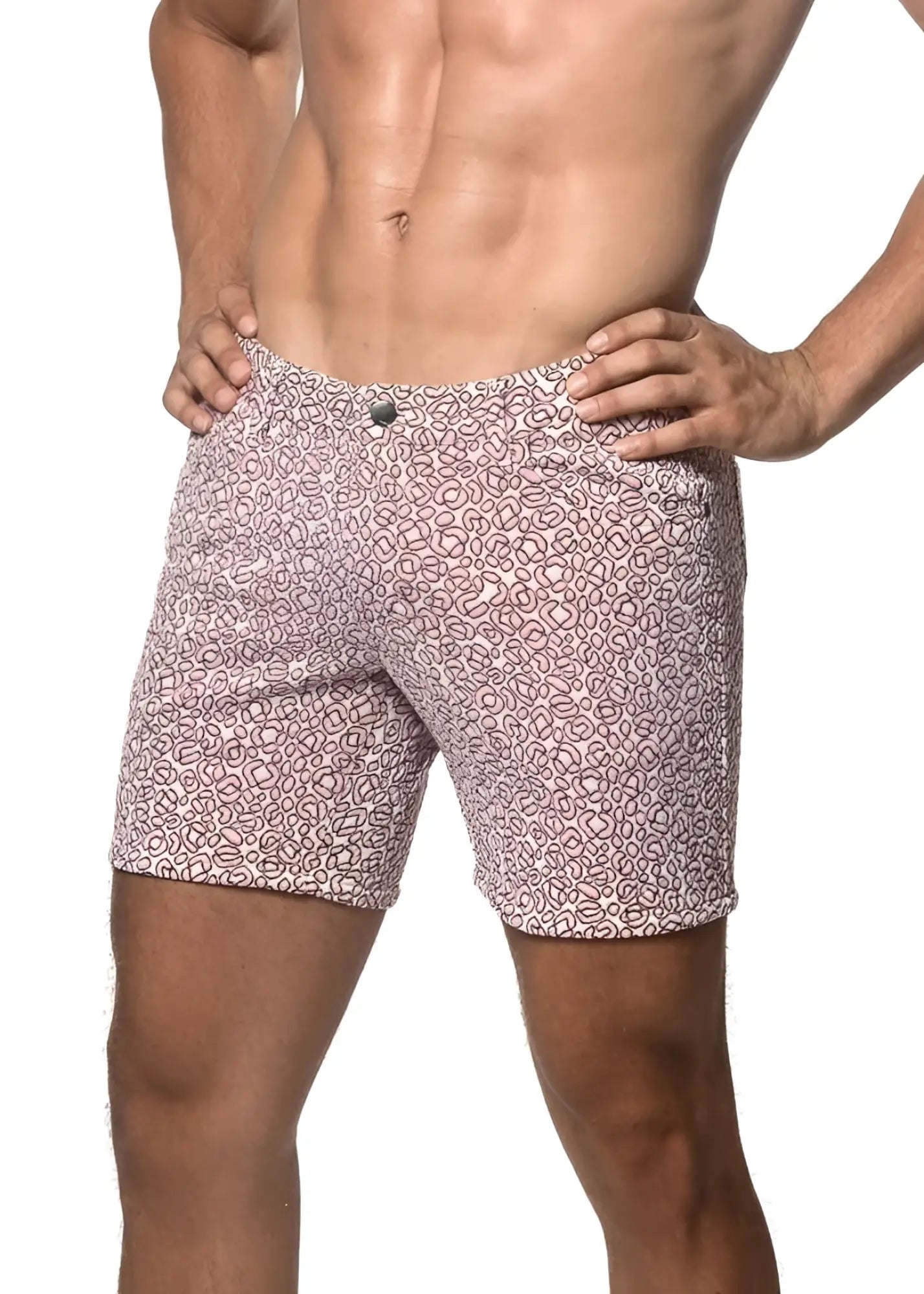 Jacquard printed stretch knit shorts in soft pink with an abstract geometric pattern for men