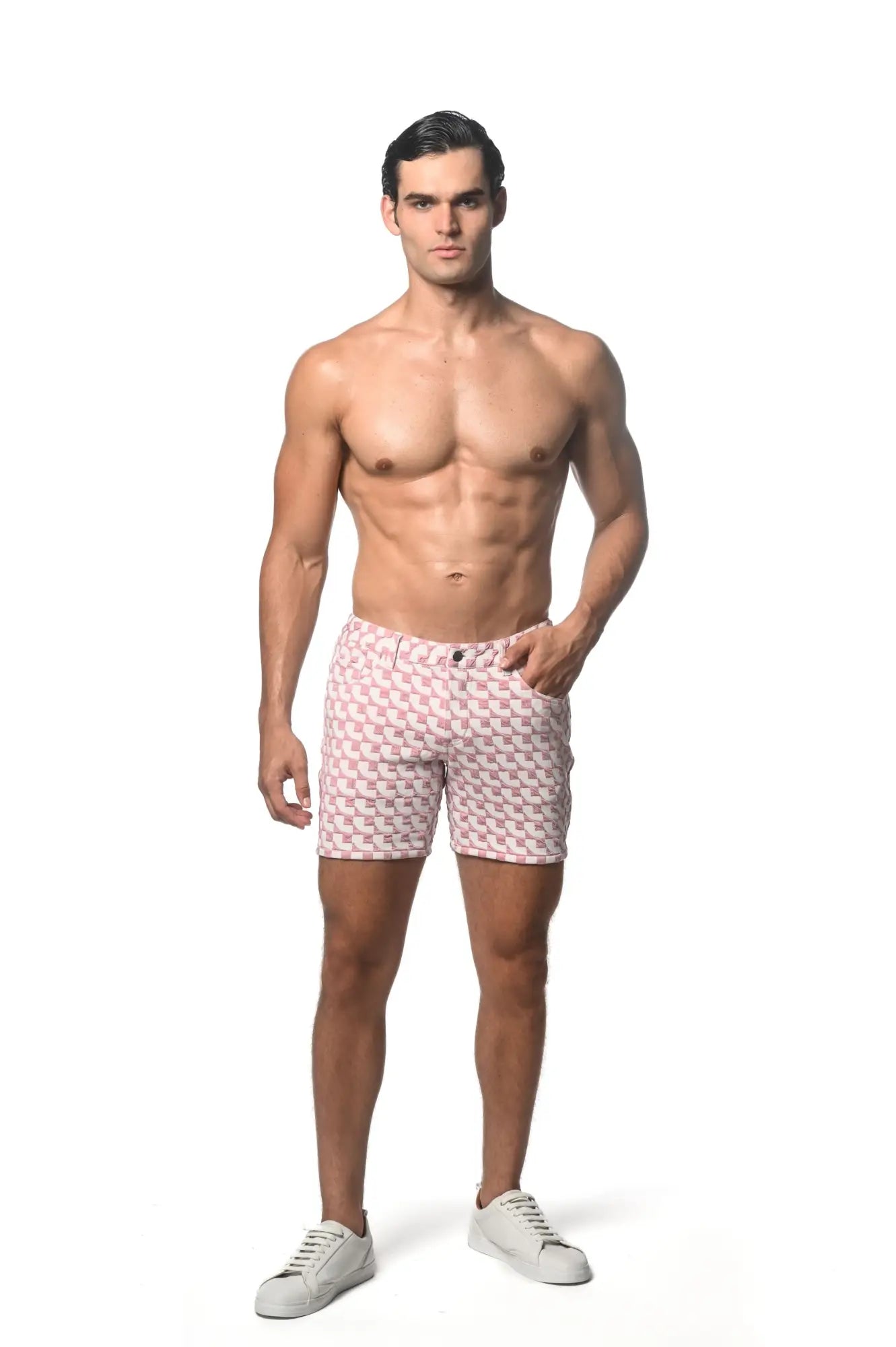 Pink and white jacquard printed stretch knit shorts with geometric pattern for men