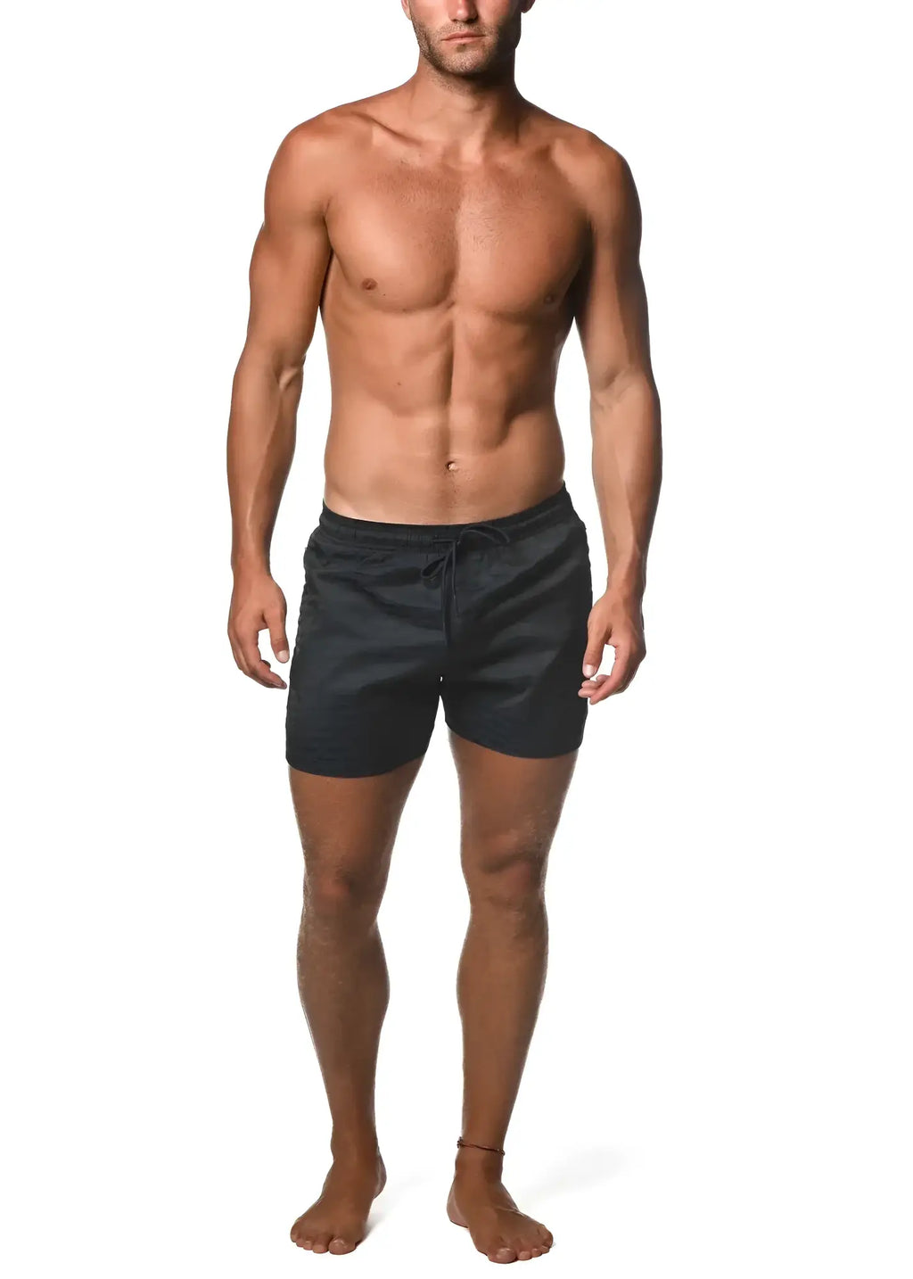 Black jacquard stretch swim shorts with mesh liner featuring a drawstring waist for comfortable beachwear