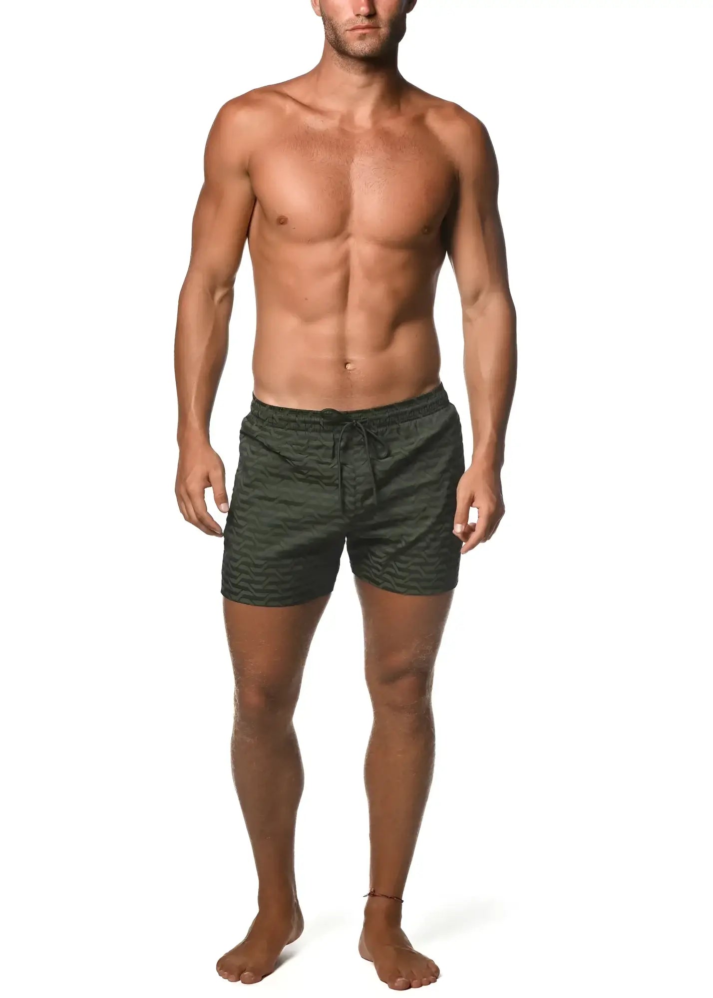 Dark green jacquard stretch swim shorts with subtle texture and drawstring waistband with mesh liner