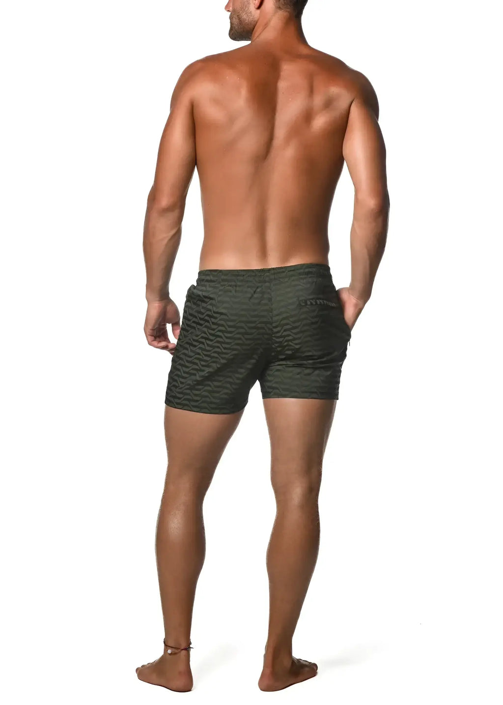 Men’s olive green jacquard stretch swim trunks with textured wavy pattern and mesh liner for comfortable fit