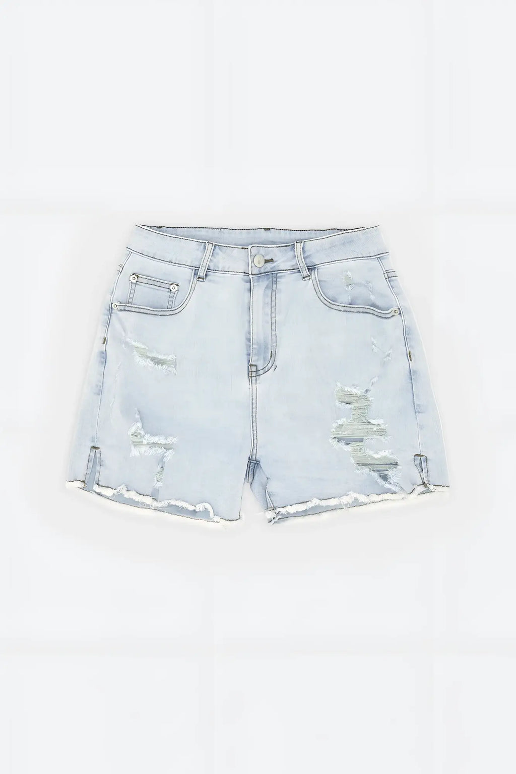 Jaded 3.5 inch light sky blue denim short shorts with distressed frayed hems and classic front pockets