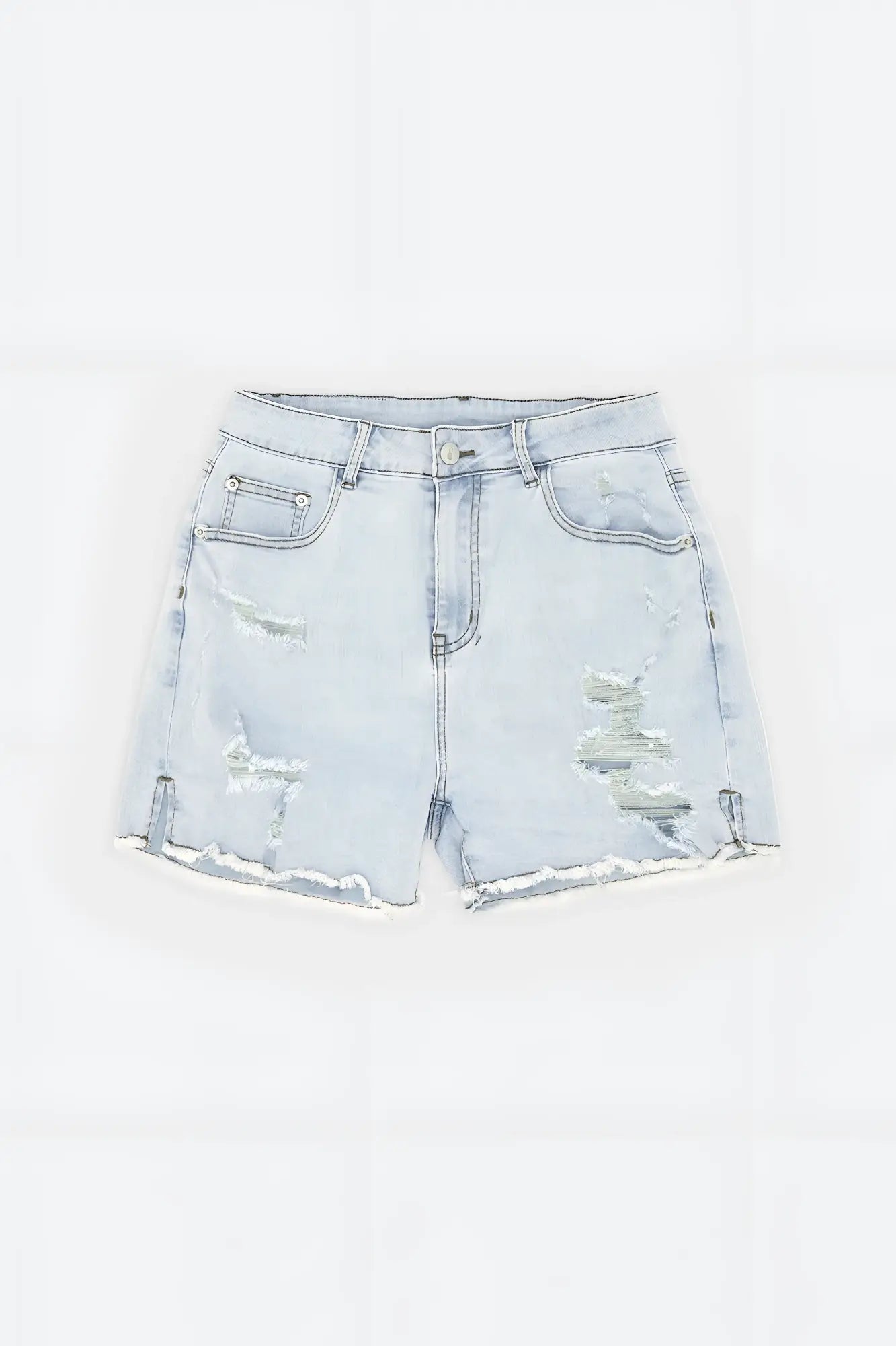Jaded 3.5 inch light sky blue denim short shorts with distressed frayed hems and classic front pockets