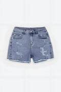 Light-wash denim jaded 3.5 inch short shorts with distressed patches and frayed hem in washed blue color