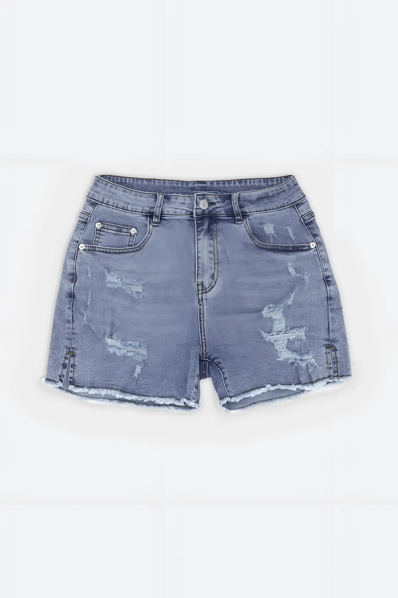Light-wash denim jaded 3.5 inch short shorts with distressed patches and frayed hem in washed blue color