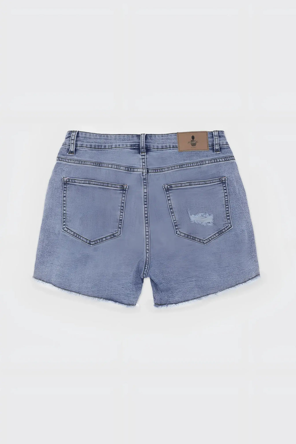 Light-wash denim jaded 3.5 inch short shorts with frayed hem and subtle distressing on the right pocket