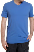 Jag essential v neck short sleeved cotton t shirt in vintage blue size m showing front view