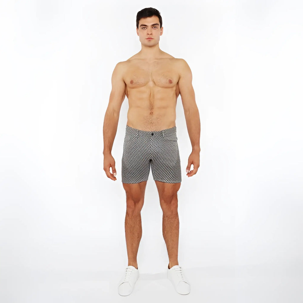 Gray jaquard stretch knit chino shorts with subtle white polka dot pattern made from lightweight fabric