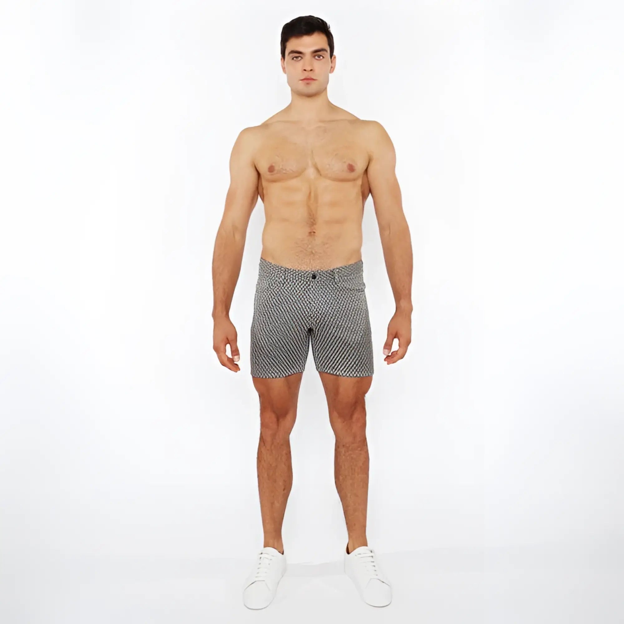 Gray jaquard stretch knit chino shorts with subtle white polka dot pattern made from lightweight fabric