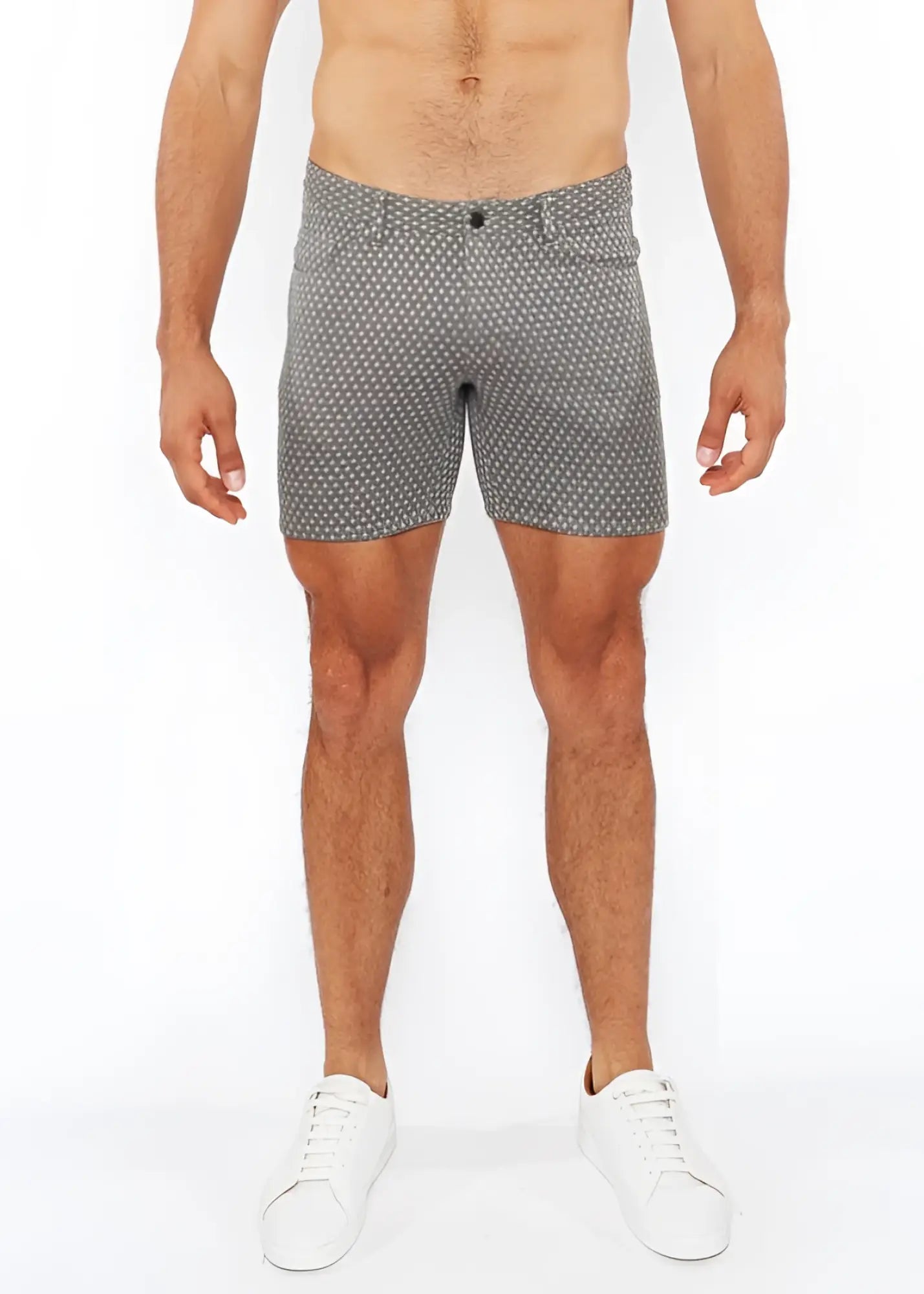 Gray jaquard stretch knit chino shorts with subtle white polka dot pattern made from lightweight fabric