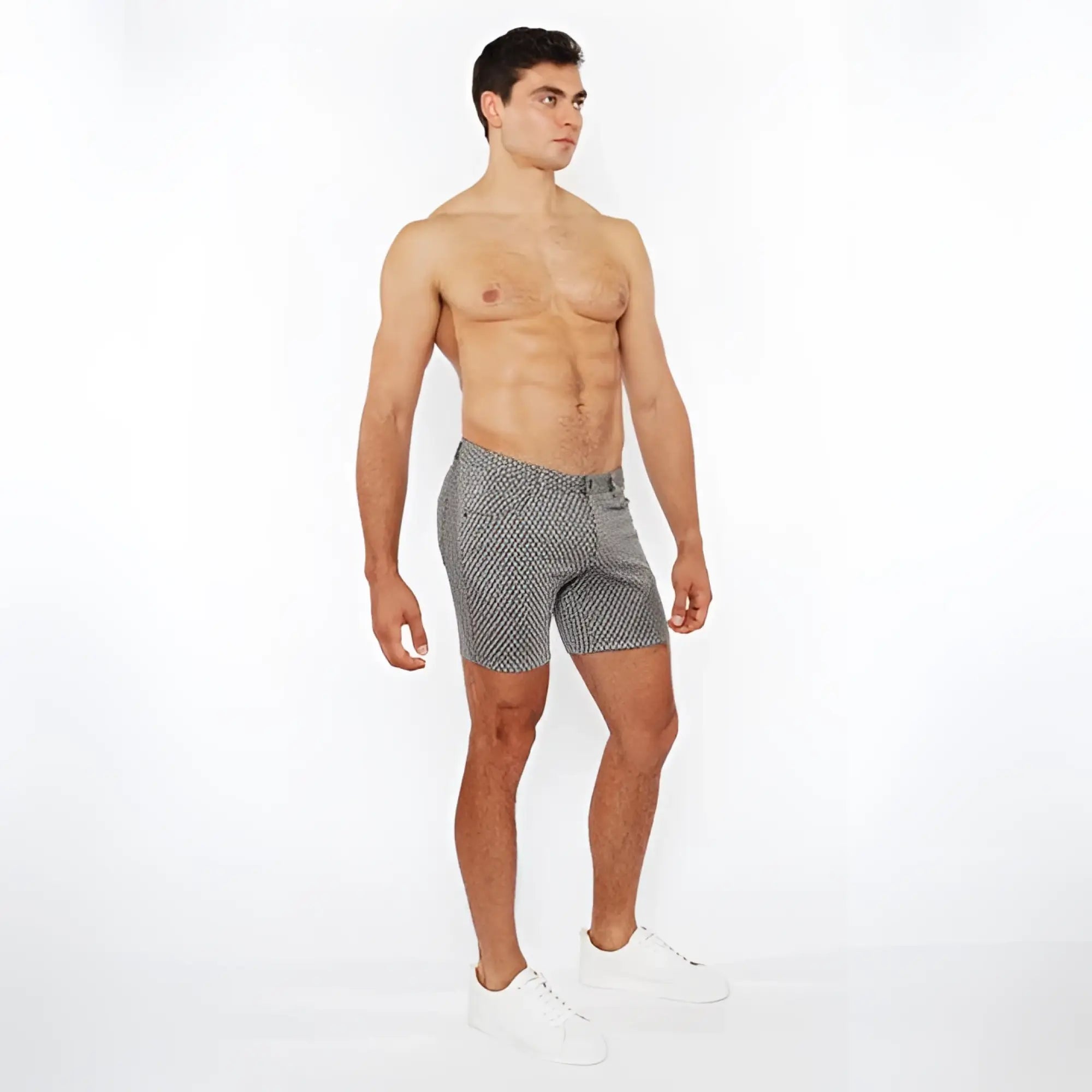 Jaquard stretch knit chino shorts in gray with subtle white polka dots and a classic tailored fit with button closure