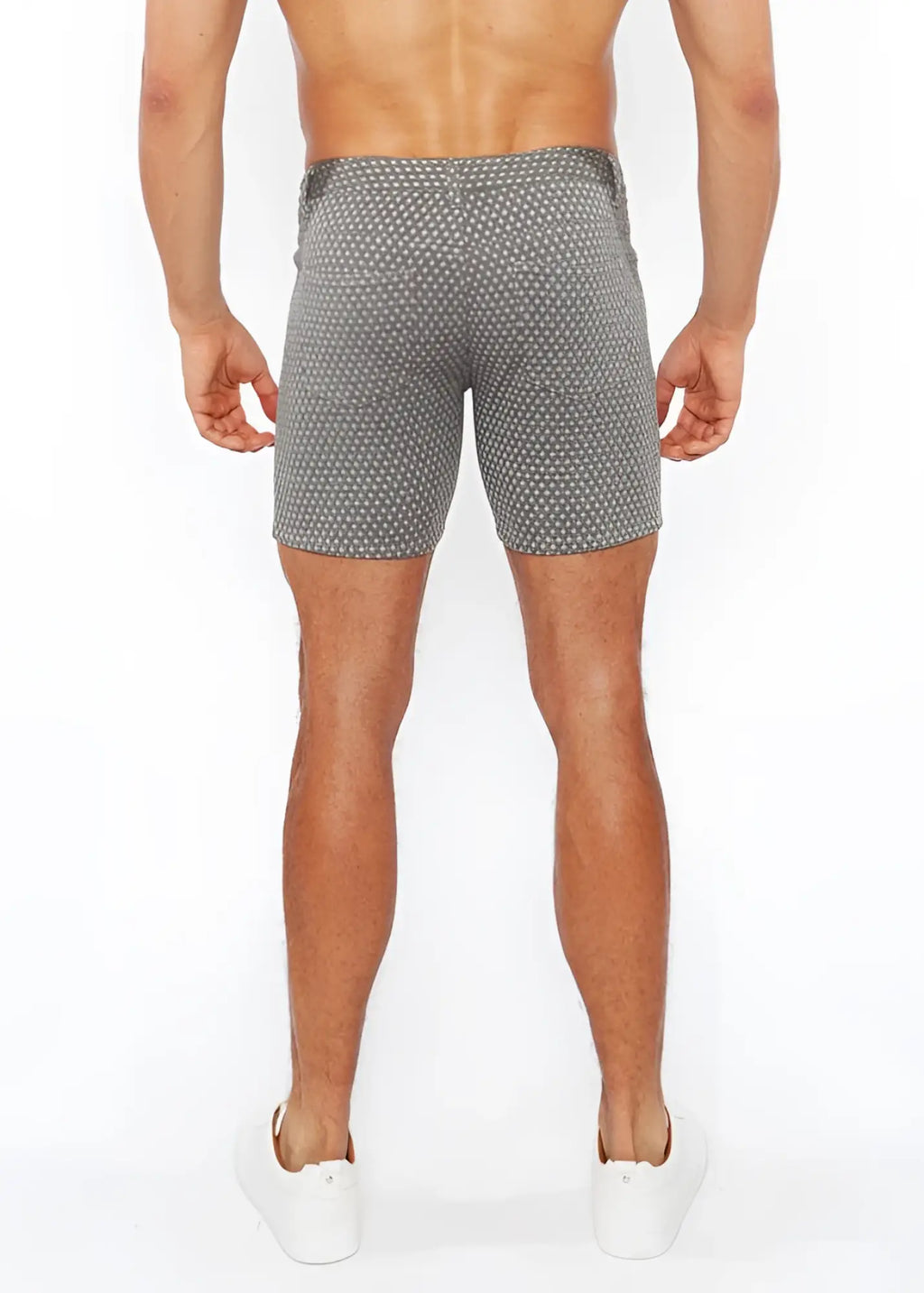 Gray jaquard stretch knit chino shorts with a subtle white polka dot pattern made from lightweight fabric