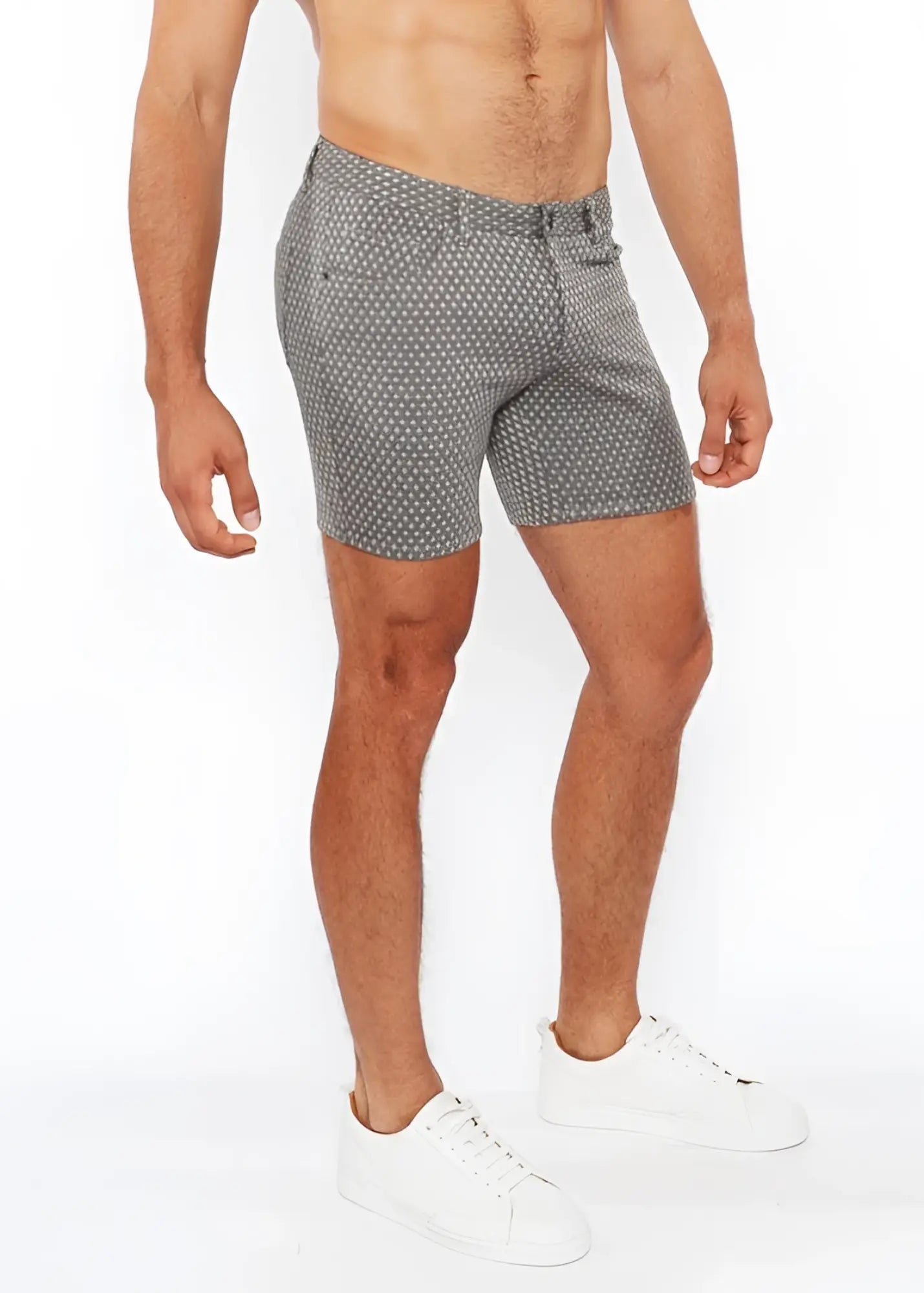 Gray jaquard stretch knit chino shorts with subtle white polka dot pattern made from lightweight fabric