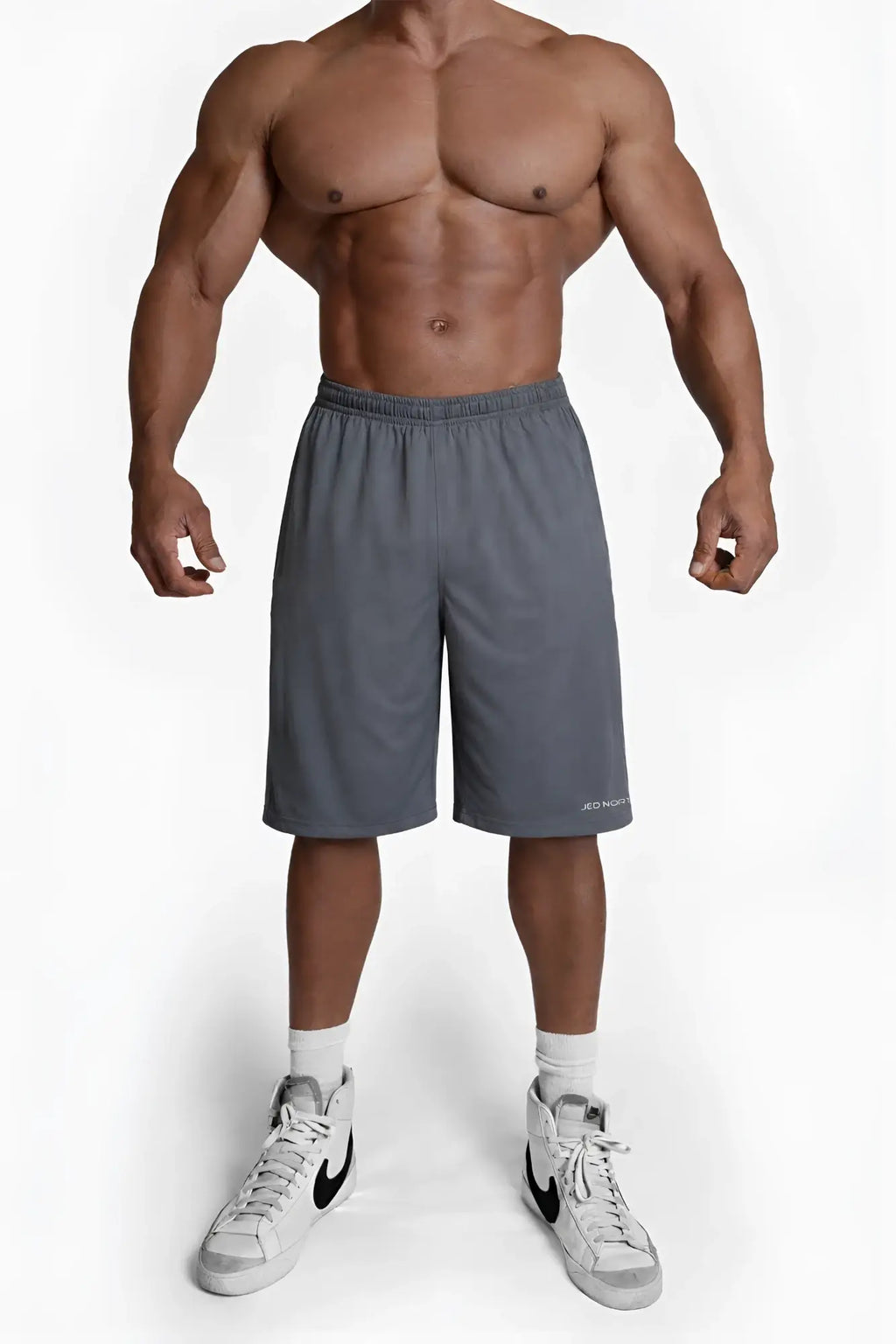 11 inch double layer mesh basketball shorts in storm gray with gray athletic fabric and subtle brand logo on lower right leg