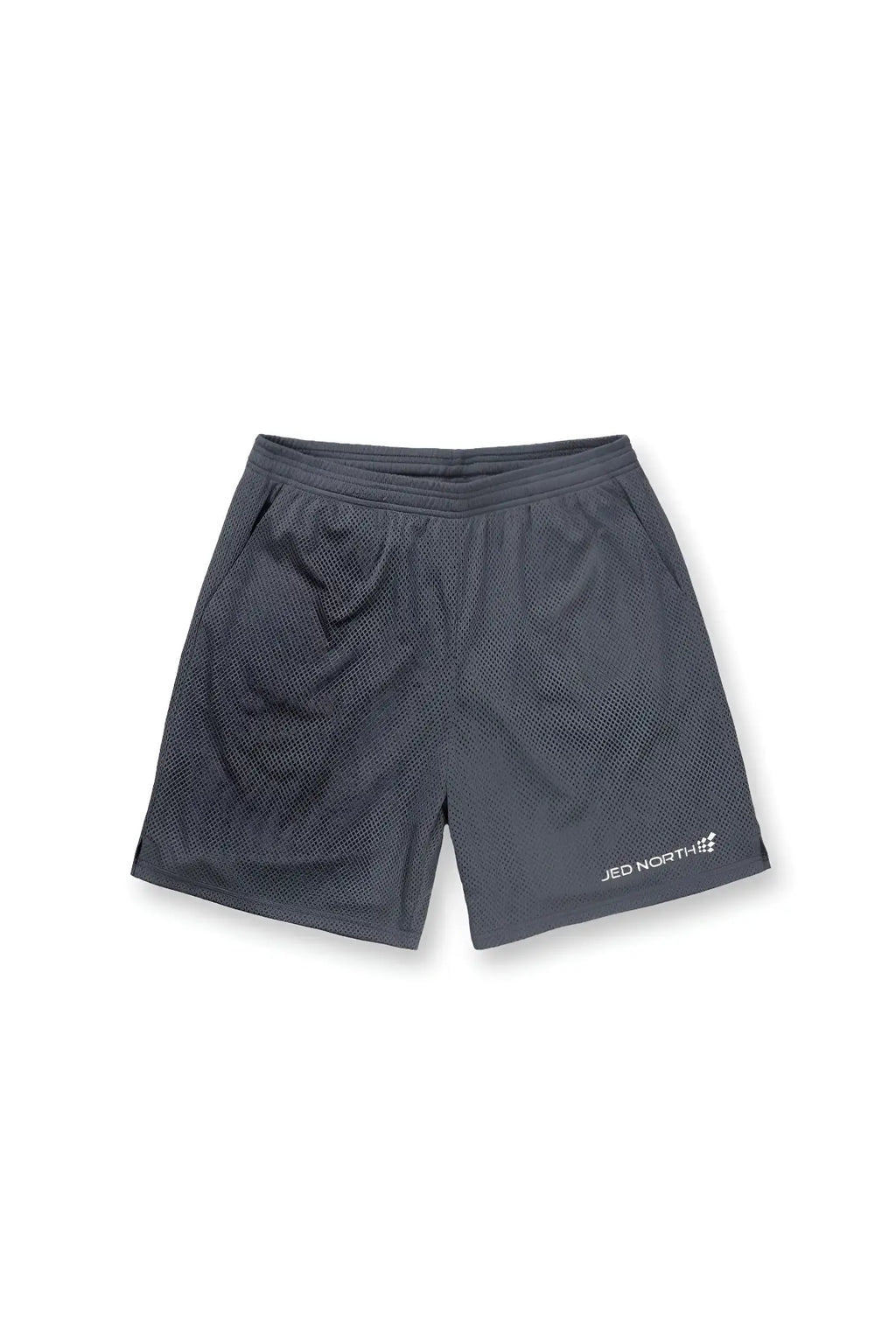 Dark gray 11 inch double layer mesh basketball shorts with subtle jed north logo on lower right leg storm gray color