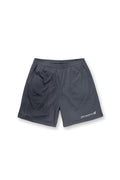 Dark gray 11 inch double layer mesh basketball shorts with subtle jed north logo on lower right leg storm gray color