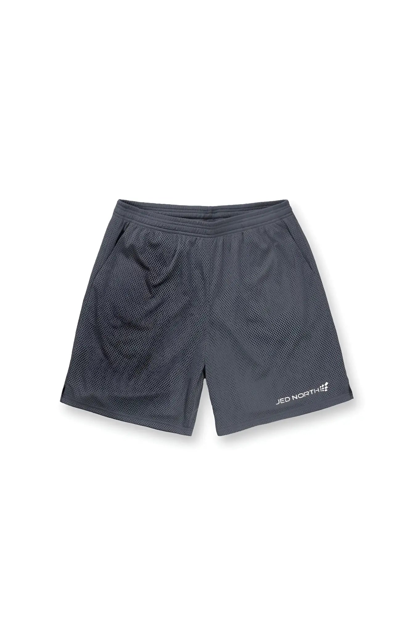 Dark gray 11 inch double layer mesh basketball shorts with subtle jed north logo on lower right leg storm gray color