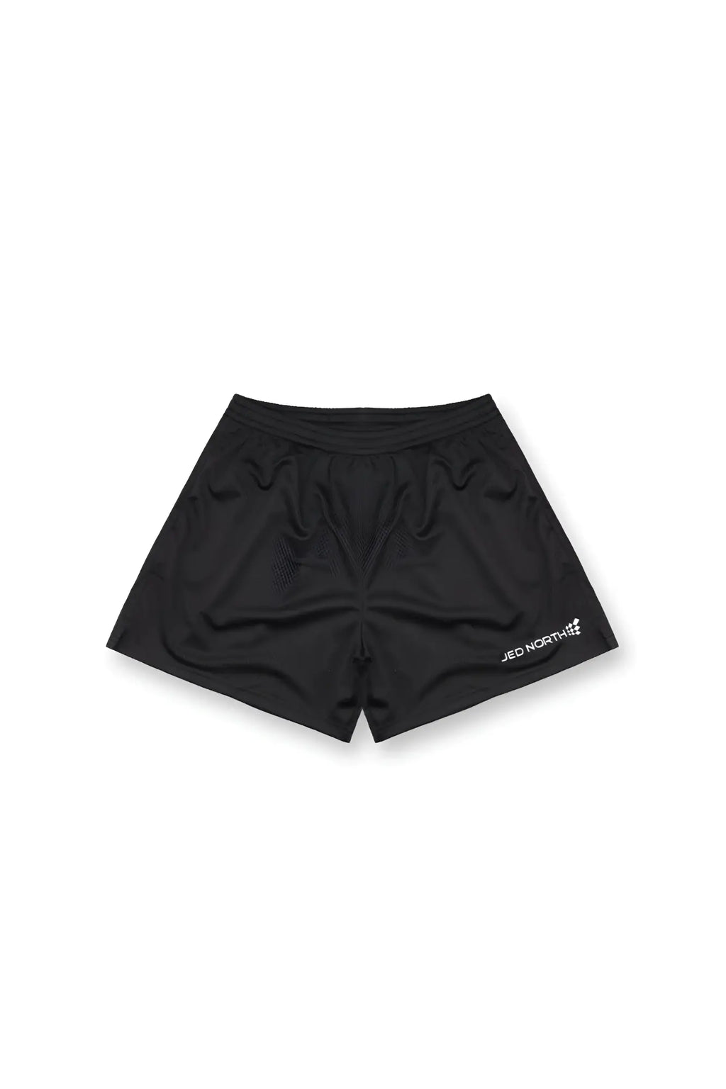 Black 5 inch double layer mesh basketball shorts with subtle sheen and white jed north logo on lower right leg