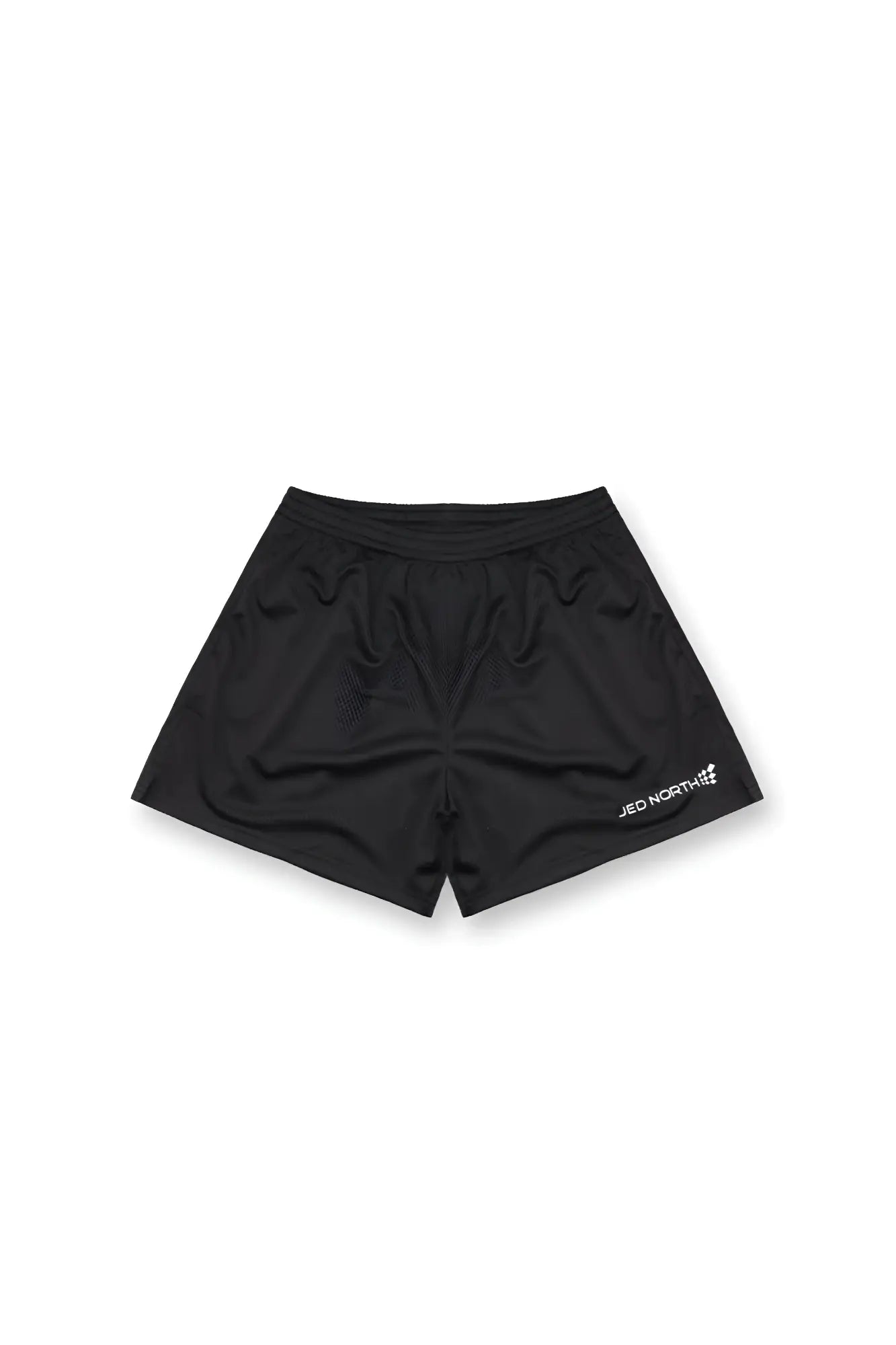 Black 5 inch double layer mesh basketball shorts with subtle sheen and white jed north logo on lower right leg